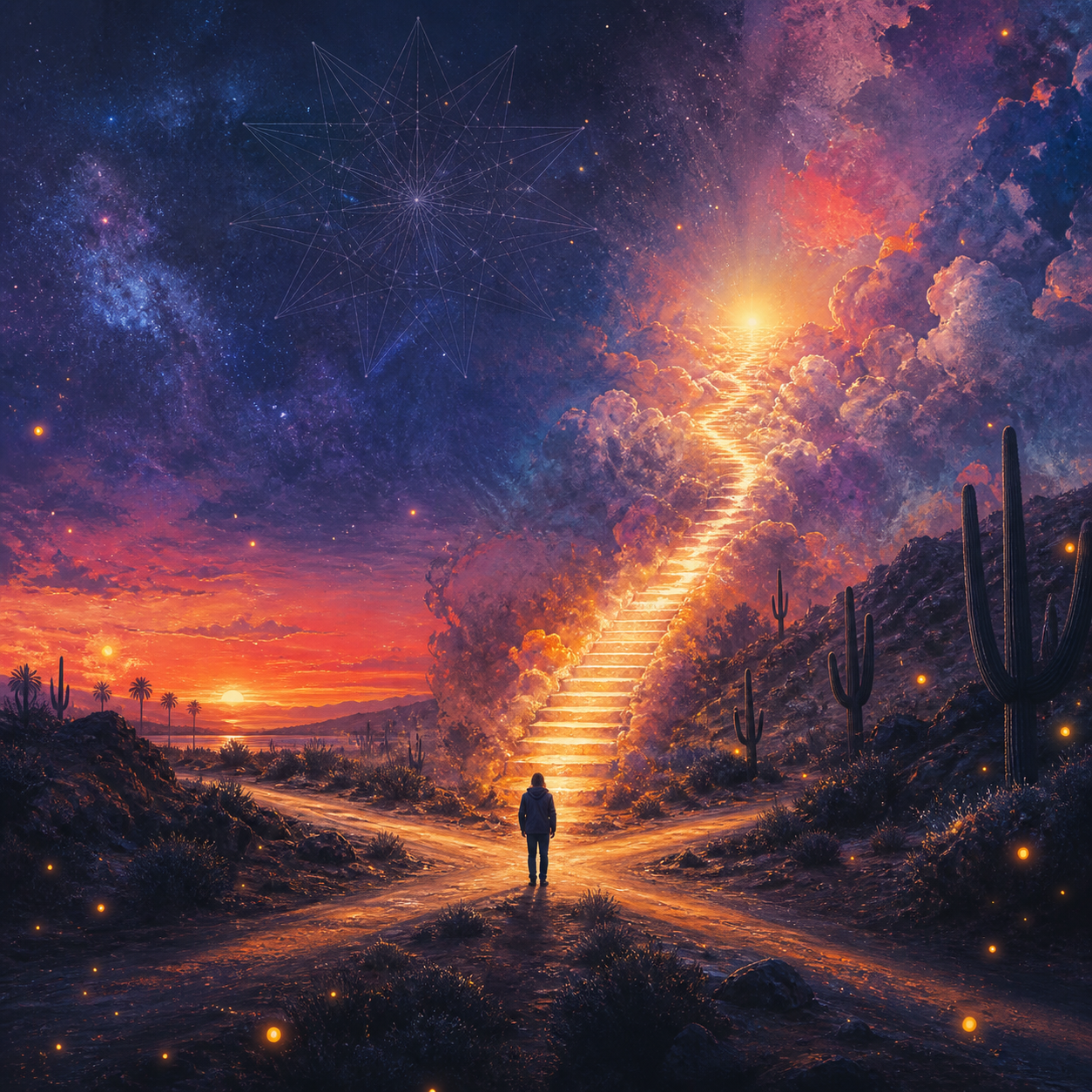 A dreamlike crossroads leading to a stairway through the stars